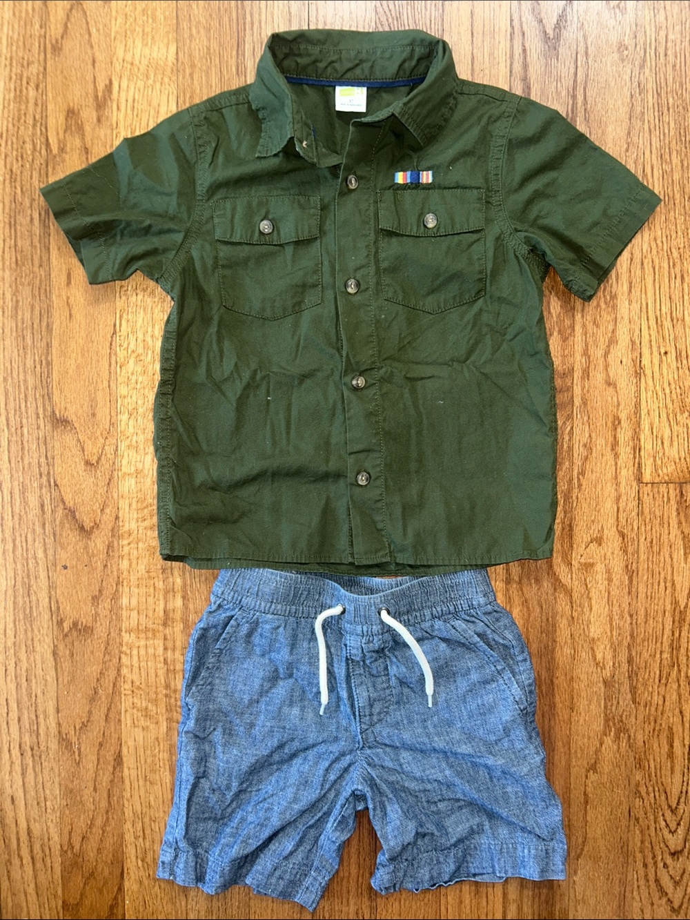 Crazy 8 Olive Green Short Sleeve Button Shirt with Ribbon Detail and Shorts